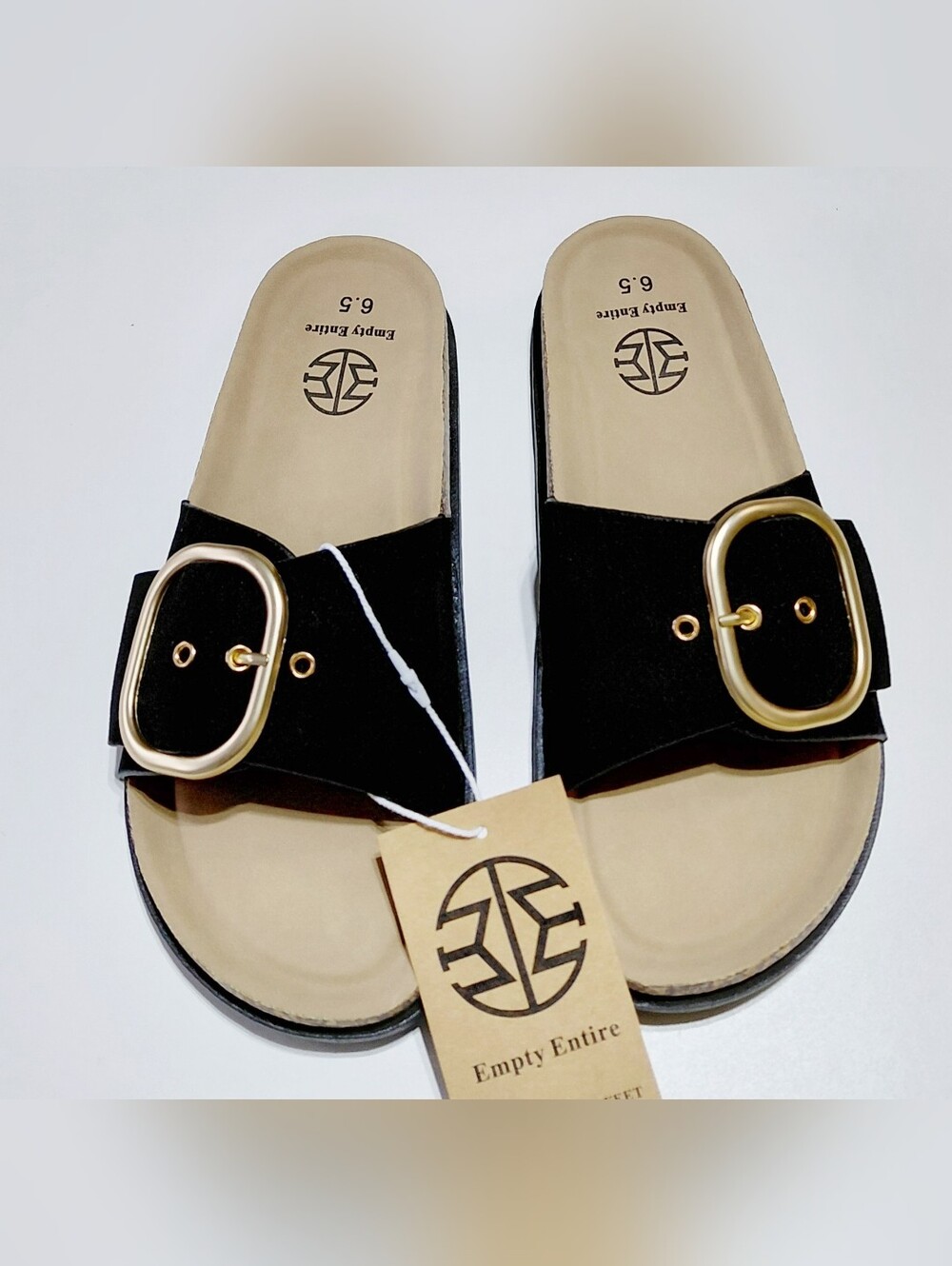 EMPTY ENTIRE Women’s Black Platform Sandals with Gold Buckle Size 6.5